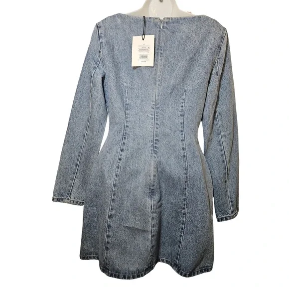 KBB Denim Mini Dress Women 8 Blue New Double Breasted Long Sleeve Vintage Wash - Picture 3 of 5